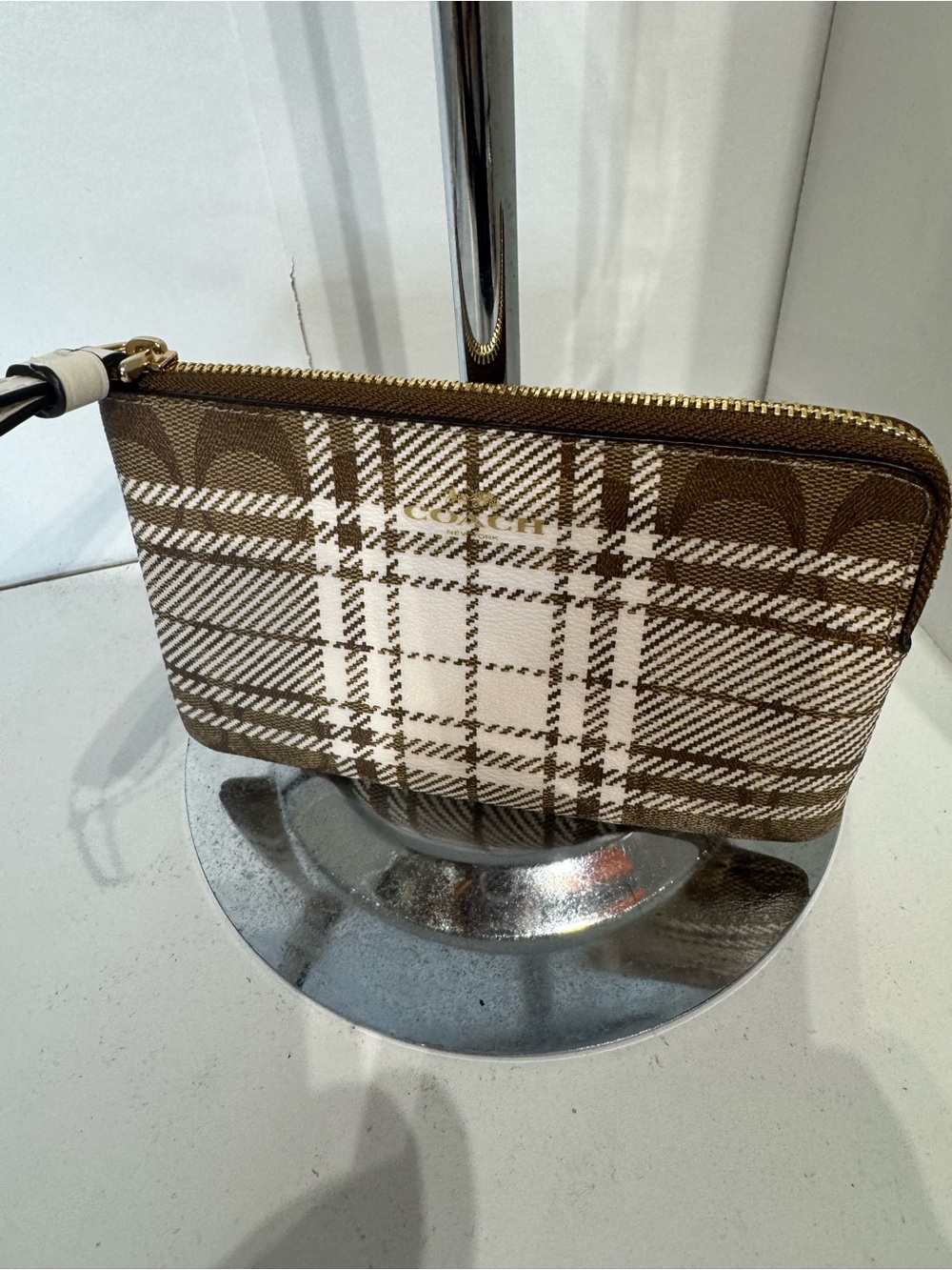 Coach Brown and Cream Plaid Zip Pouch